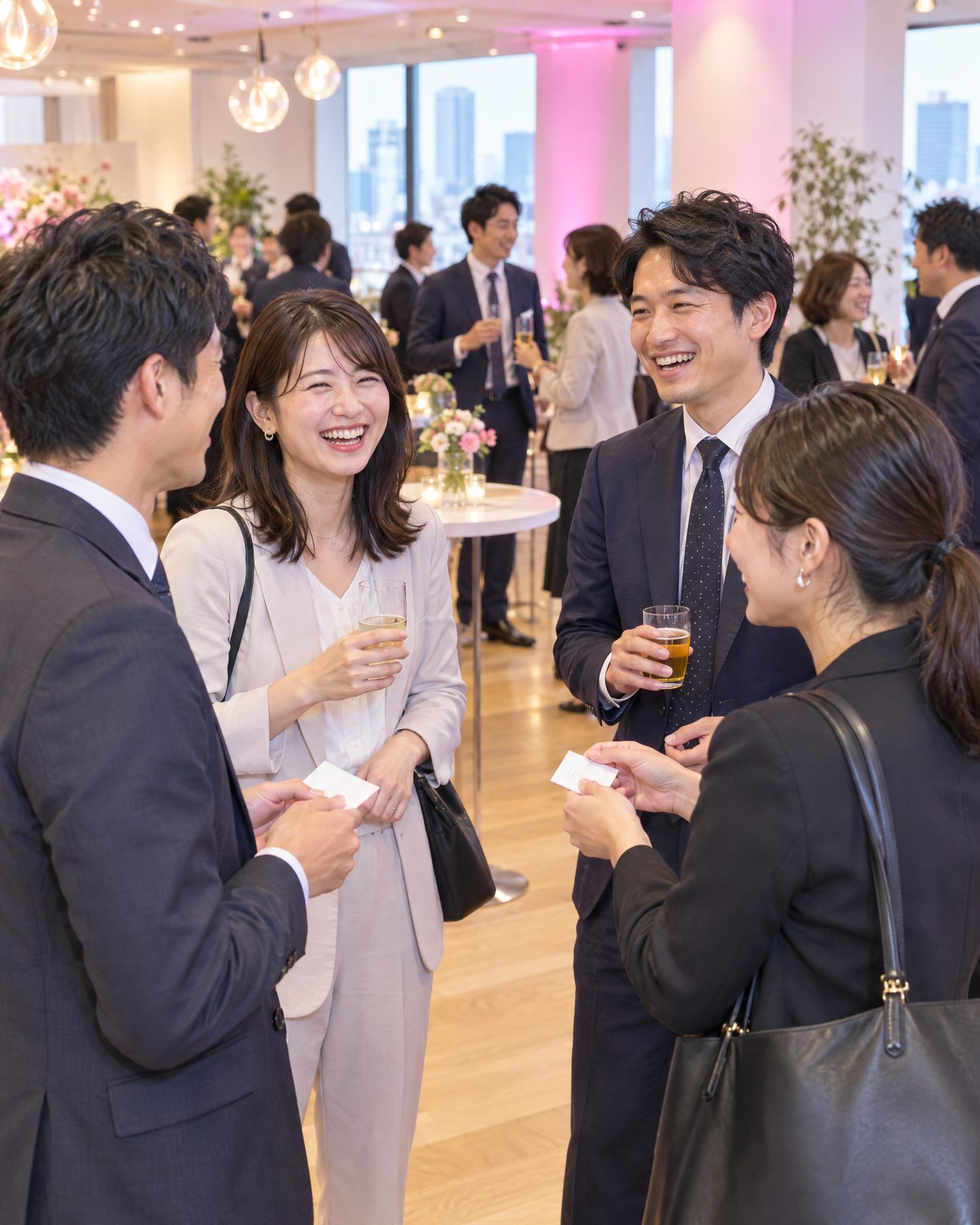 セミナーのあと、飲み物を片手に話す交流会