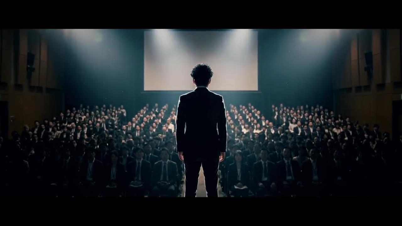 満員の会場で、聴衆の前に立つ講演者の後ろ姿(PR動画より)