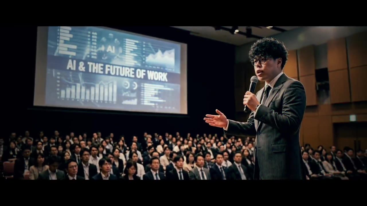 「AI & THE FUTURE OF WORK」のスクリーンの前で講演する代表・小川(PR動画より)