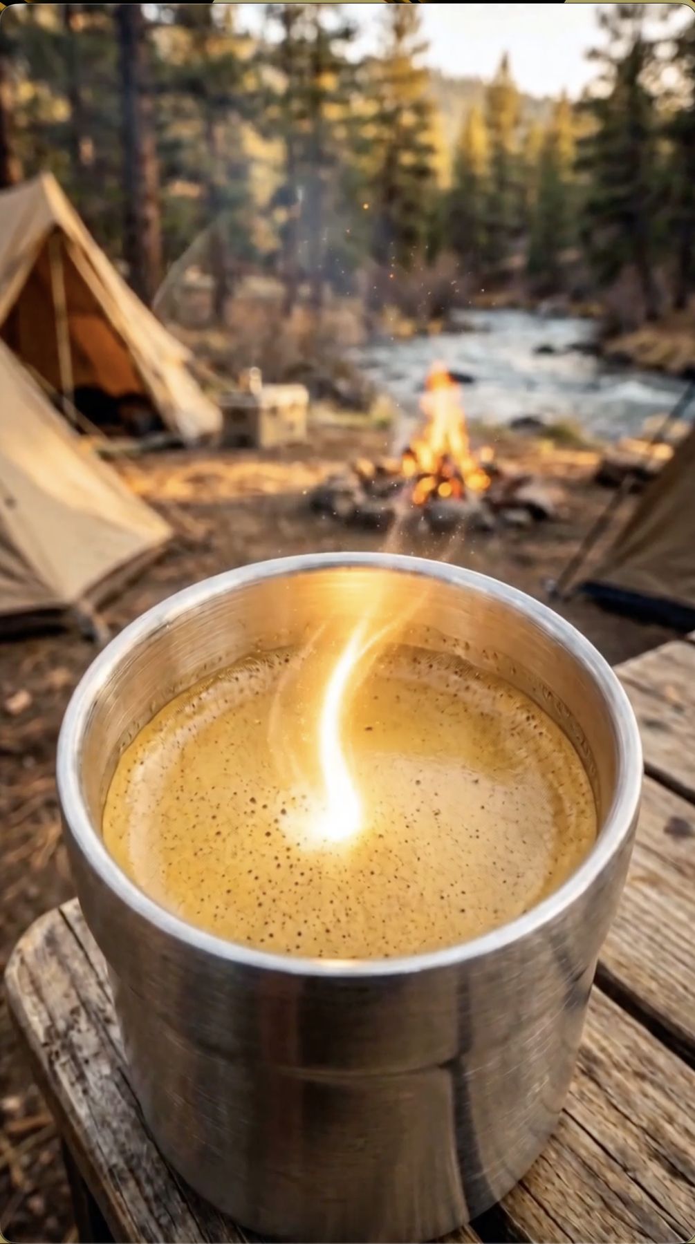 焚き火のそばで湯気を立てるコーヒー