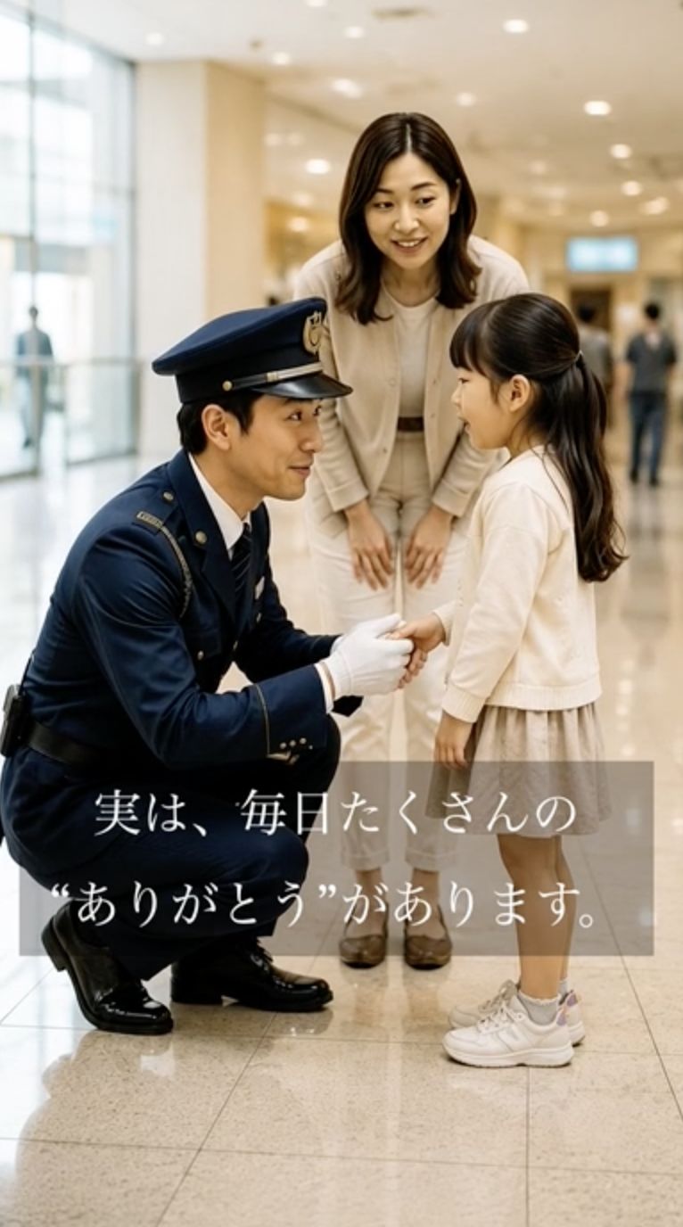 迷子の女の子にしゃがんで話しかける警備員